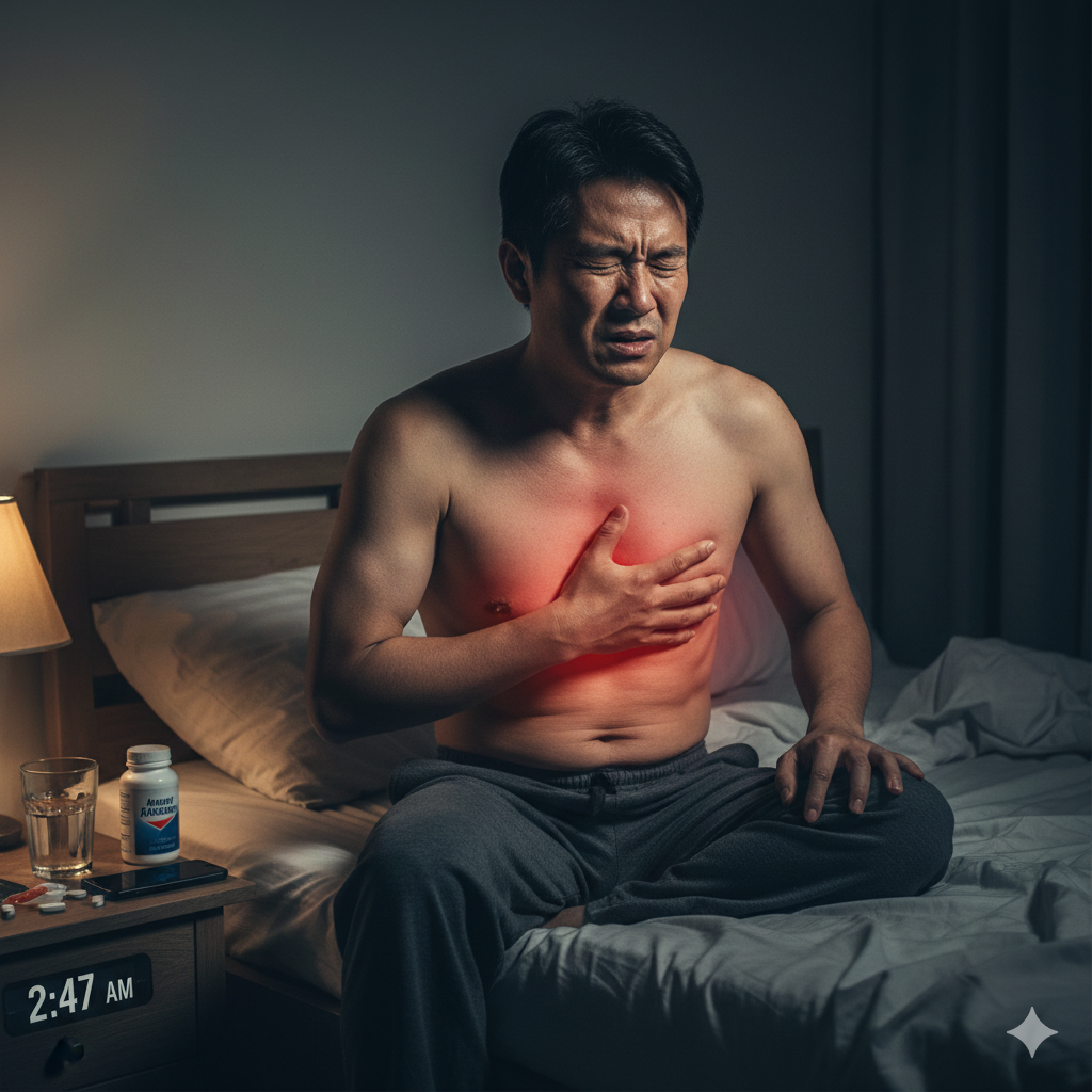 Homem adulto expressando desconforto e mão no peito devido à queimação por azia crônica, representando os sintomas da doença do refluxo gastroesofágico.