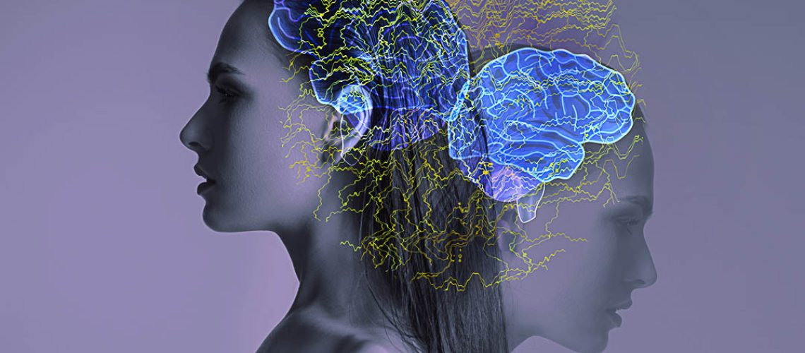 Cognitive functions of the brain in a woman, confused thoughts from stress and problems, depression, mental health, double exposure