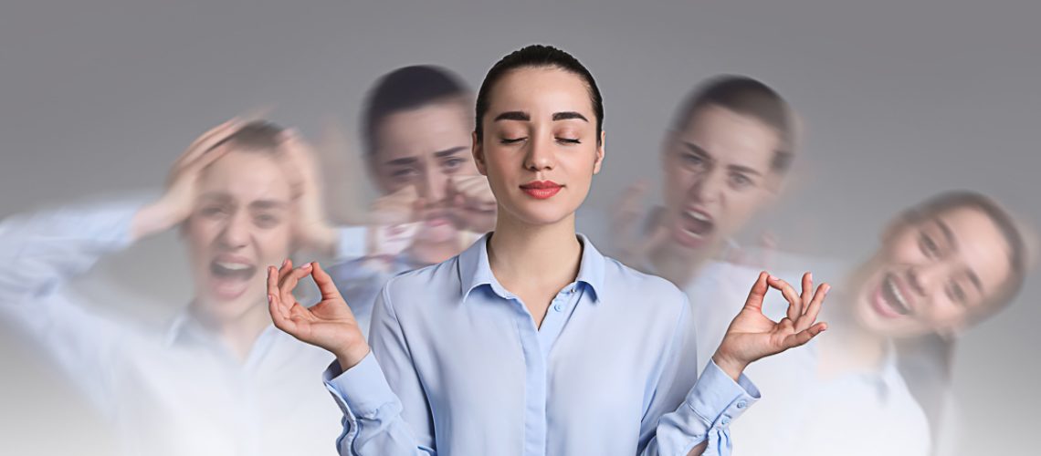 Woman with personality disorder on light background, multiple exposure