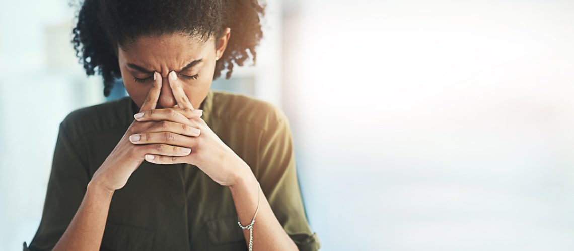 Mockup, business and black woman with stress, depression and mental health with burnout, overworked and deadline. Corporate, female employee and leader with headache, anxiety and schedule in office.