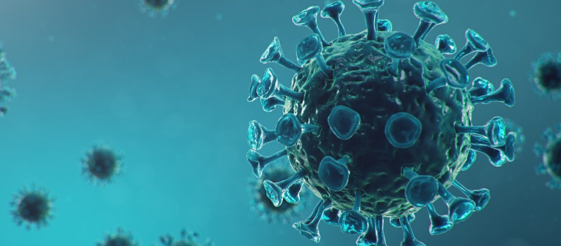Coronavirus outbreak. Pathogen affecting the respiratory tract. COVID-19 infection. Concept of a pandemic, viral infection. Coronavirus inside a human. Viral infection. 3D illustration