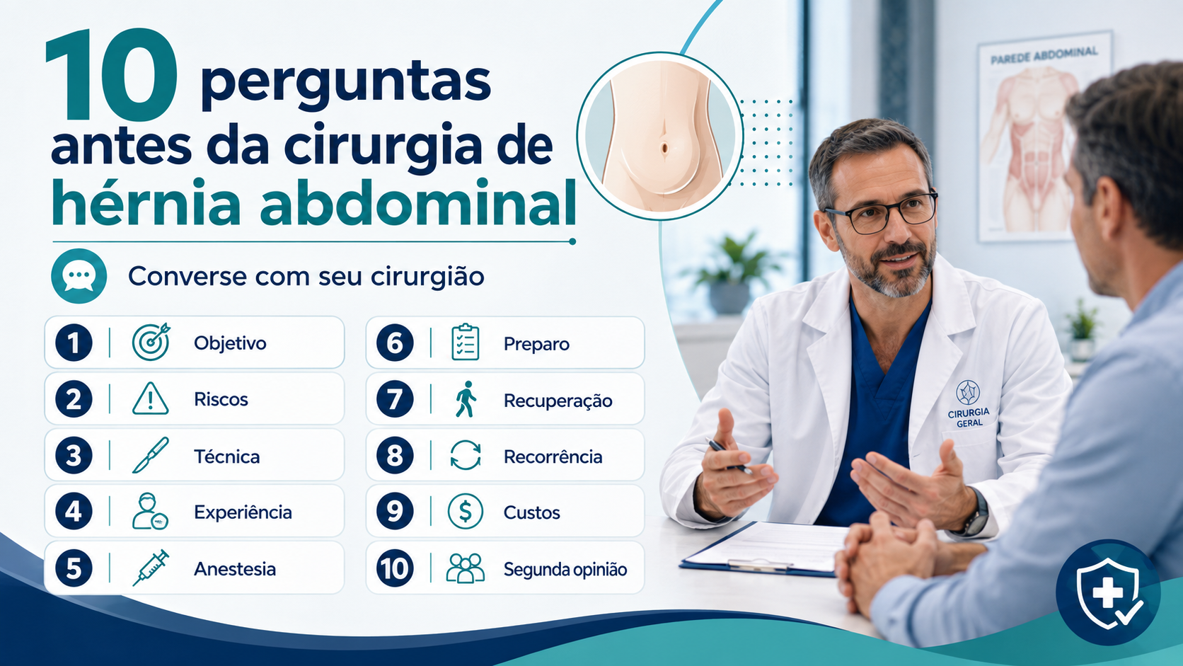Paciente conversando com o cirurgião antes da cirurgia de hérnia