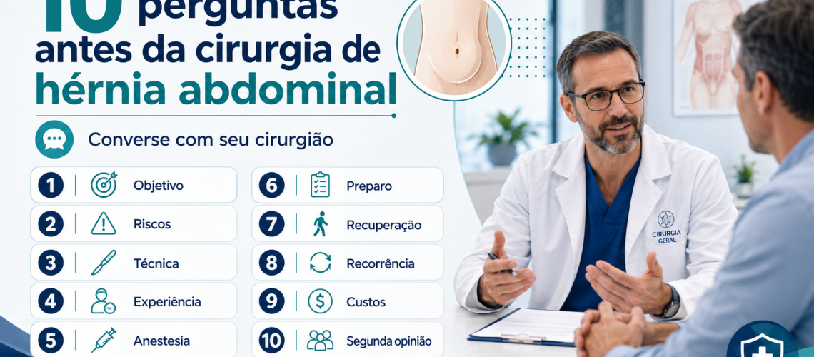 Paciente conversando com o cirurgião antes da cirurgia de hérnia