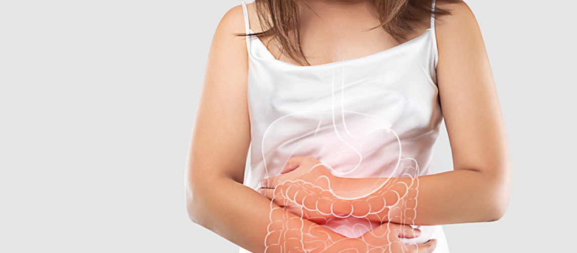 illustration of the intestine and internal organs in the women's body against a gray background and Space left side. The concept of medical treatment and healthcare.